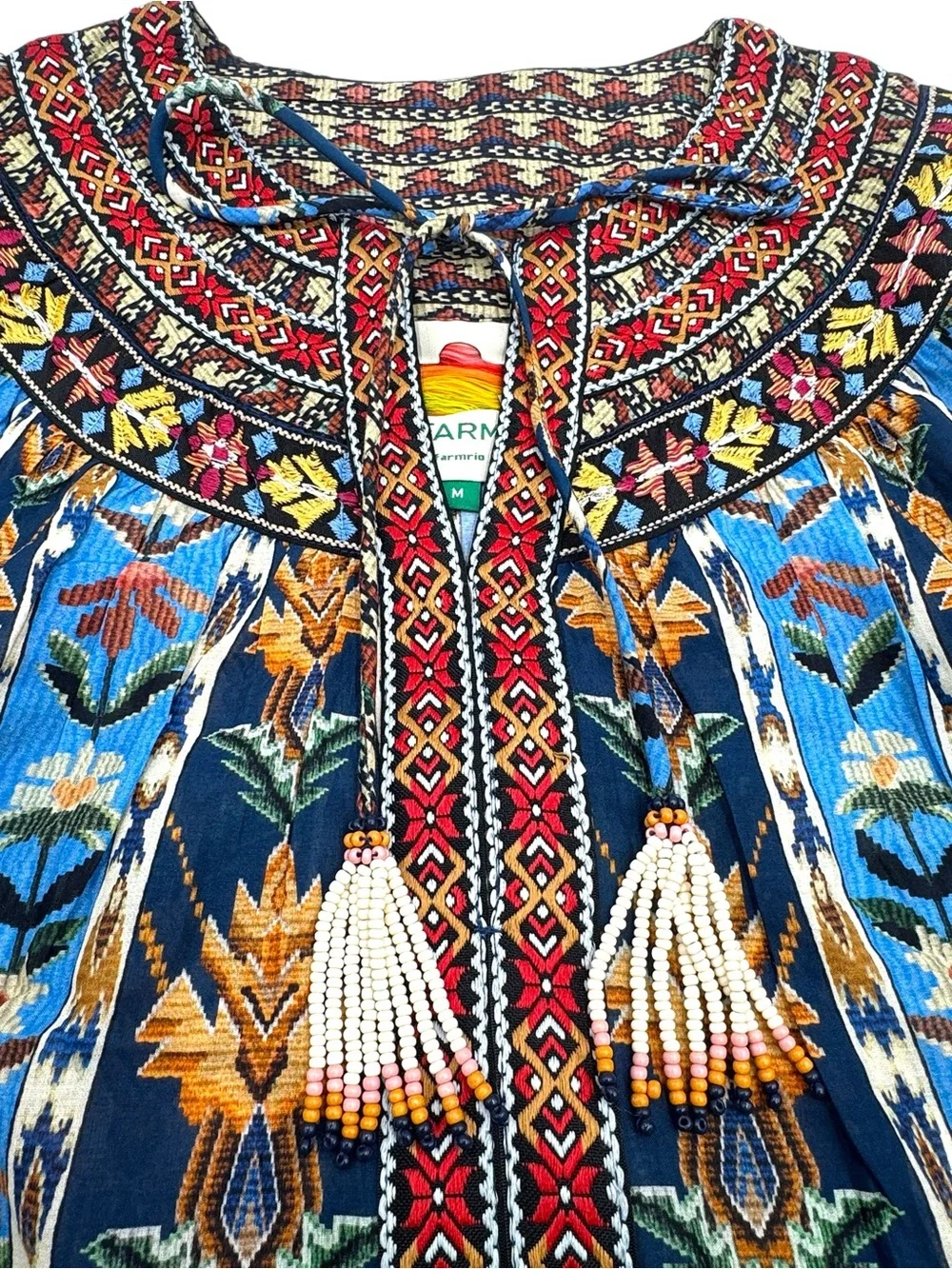 NWT FARM Rio Embroidered Tapestry Blue Short Sleeve Blouse Size Medium